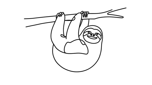 Cute sloth hanging from branch white background.