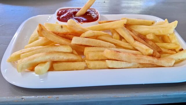 Golden French fries served on a white tray with ketchup in a casual fast food setting. Crispy potato snack ready to eat, perfect for themes of dining, takeaway, and comfort food