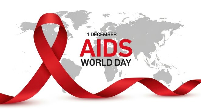 World aids day banner with red awareness ribbon isolated on white background