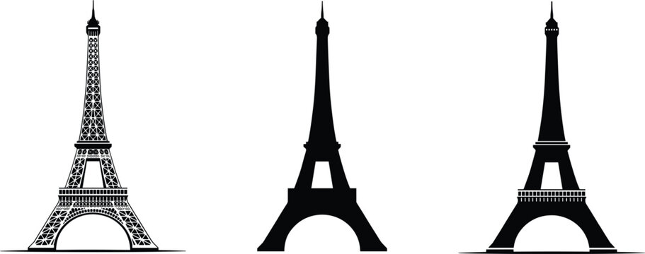 Eiffel Tower silhouette vector illustration set, black Paris landmark icons isolated on a white background