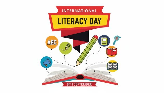 International literacy day celebration graphic with book and pencil