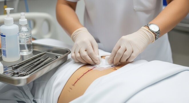 Nurse changing dressing on patient's surgical wound with medical instruments nearby