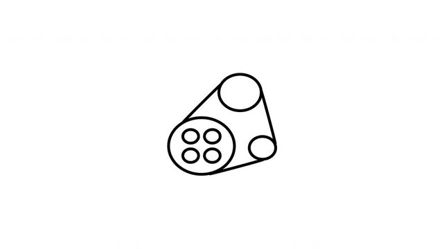 Minimalist outline animation of an engine timing serpentine belt pulley mechanism drawing on and fading out. Features a clean pop up style in 3 color setups.