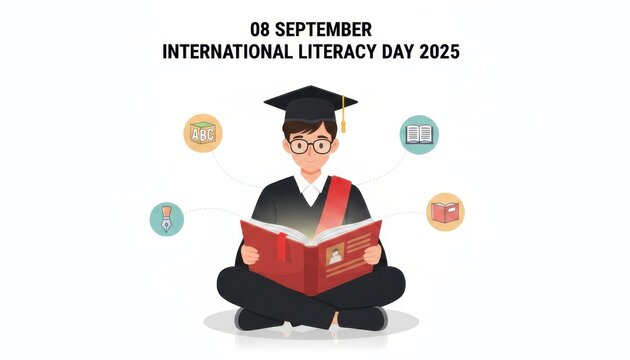 International literacy day 2025 illustration with a graduate student