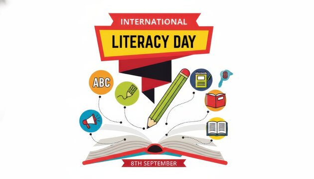 International literacy day poster design with books and pencil