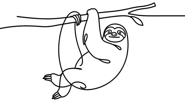 Cute sloth hanging from branch white background.