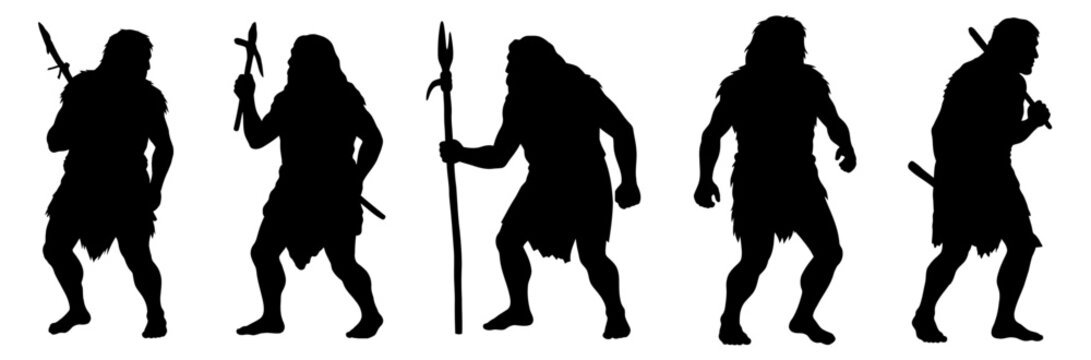 Stone Age Man Set Silhouette Vector Illustration , Animal Silhouette Vector , Transparent Background