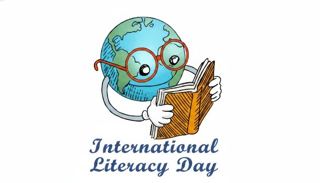 International literacy day illustration with a globe reading a book isolated on white background