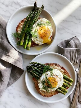 Overhead shot of two white ceramic plates with toasted bread topped with fried eggs and asparagus, garnished with fresh dill on a marble countertop