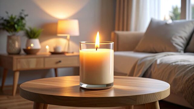 A lit candle on a round wooden table, interior setting, cozy atmosphere