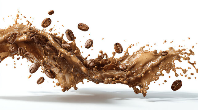 Dynamic splash of coffee with roasted beans in motion, capturing the essence of an energizing beverage experience.