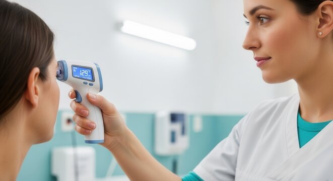 Nurse checks patient's temperature with infrared thermometer in a medical clinic, emphasizing health and safety protocols.