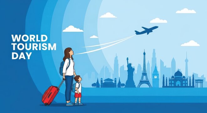 World tourism day illustration with a mother and child traveling
