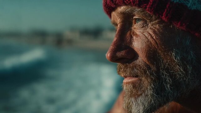 Close up portrait of an old, pensive seaman with a grey beard contemplating the calm sea