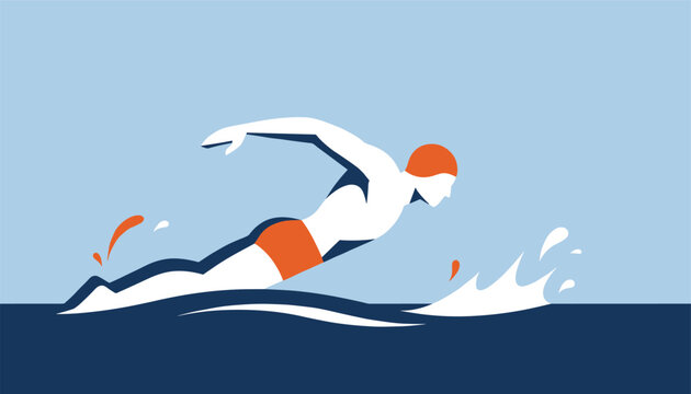 Professional male swimmer performing crawl stroke in blue ocean water vector illustration