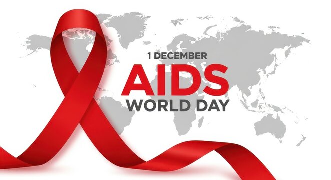 World aids day red ribbon symbol on world map background