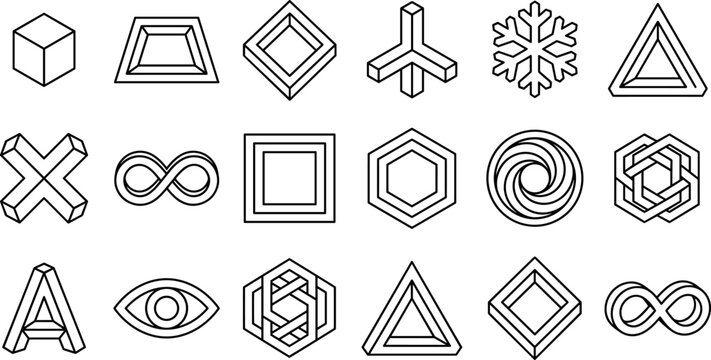 Abstract Impossible Geometric Shapes Vector Set Featuring Illusion Elements Paradox Icons and Linear Logo Symbols for Modern Branding Graphic Designs