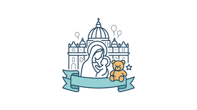 A stylized line art illustration featuring the Virgin Mary holding baby Jesus in front of a cathedral with a teddy bear and a banner.