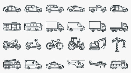 Modern Black and White Line Drawing Icons Set of Various Vehicles and Equipment for Design Projects © Asuu