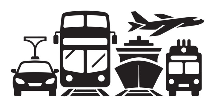 Transportation vector icon set for travel business. car, bus, train, ship, and plane outline collection.