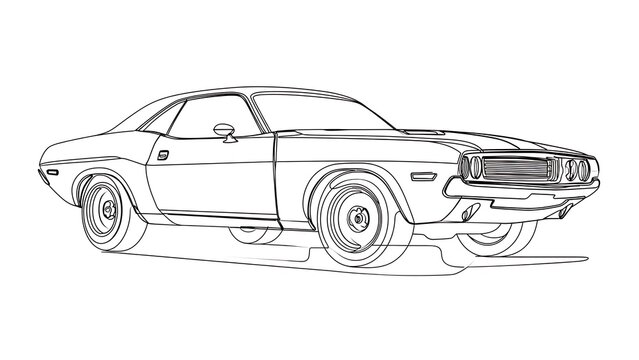 Classic muscle car line drawing white background.