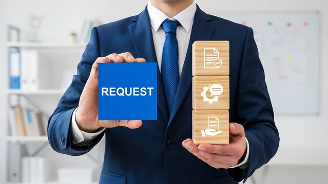 Businessman presenting digital request icon representing online application and workflow management