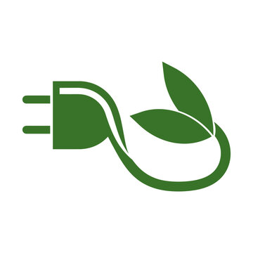 Green power plug connecting with green leaves, symbolizing sustainable energy, renewable electricity, eco friendly conservation, and environmental technology for a greener future