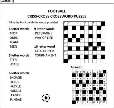 Football themed 10x10 criss-cross (kriss-kross, fill in the blanks) crossword puzzle or word game (English language). Suitable both for elder children and adults. Answer included.
