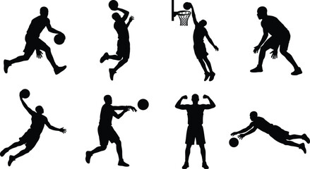 Set of basketball player silhouettes featuring male athletes dribbling slam dunking shooting jumping passing and celebrating victory icons © Shoriful