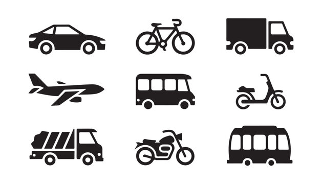 Transportation vehicle icons car airplane truck bus motorcycle scooter including different designs.