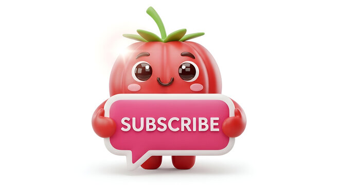 Cute cartoon tomato character holding a pink ""SUBSCRIBE"" speech bubble isolated on white