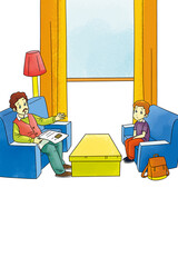 Cartoon Living Room Scene: Father Talking to His Son on Separate Sofas
