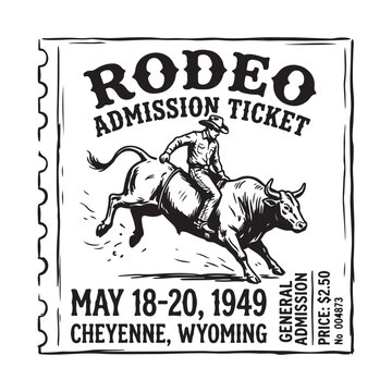 Vintage rodeo admission ticket with cowboy riding a bull