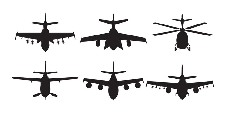 Set of military heavy cargo plane and helicopter front view black silhouettes for design elements.