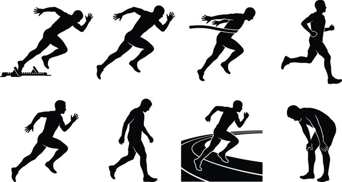 Male runner athlete silhouette set showing starting blocks sprinting crossing the finish line jogging walking and resting isolated on white background