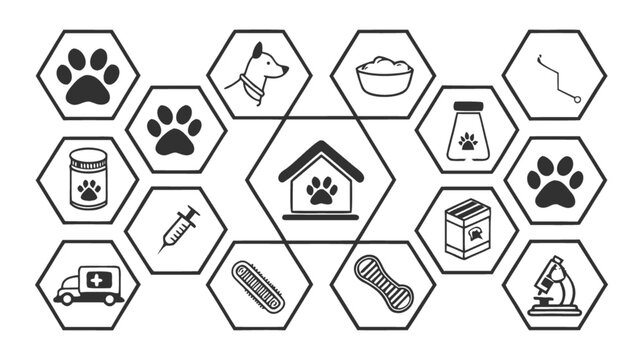 Pet care and veterinary vector icon set with paw print dog house food bone syringe and vet symbols