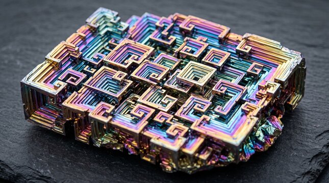 Colorful bismuth crystal with geometric stepped structures on a dark textured rock surface