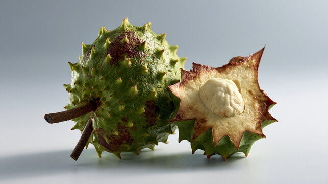 Close up of a fresh spiky soursop fruit showing textured green skin and white interior
