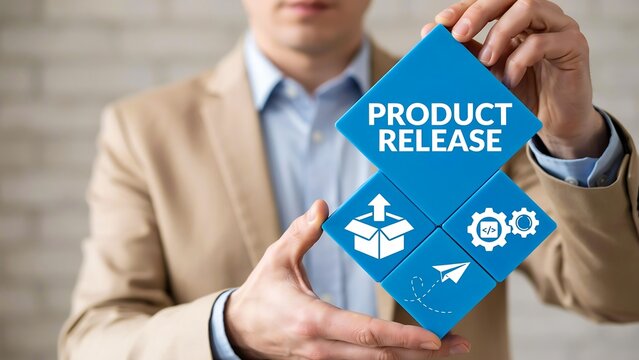 Businessman holding product release cube representing product launch and business development strategy