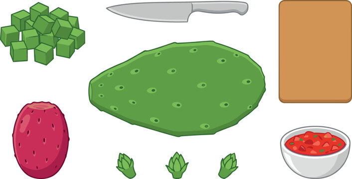 Nopal Cactus Pad and Prickly Pear Fruit Cooking Vector Set with Nopales Cubes Sabor Salsa Bowl Knife and Cutting Board