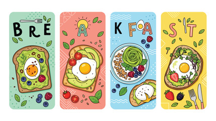 Fototapeta premium Colorful breakfast food illustrations on playful cards with eggs and toast