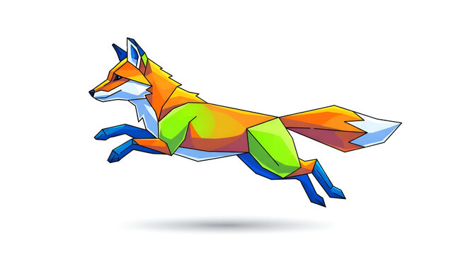 Geometric polygonal fox running in vibrant orange green and blue isolated on white background