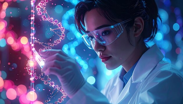 Focused Young Scientist Examining Glowing Dna Strand in Futuristic Laboratory