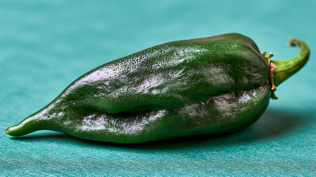 A single raw serrano pepper on a flat turquoise textured surface with home cooking, chili pepper