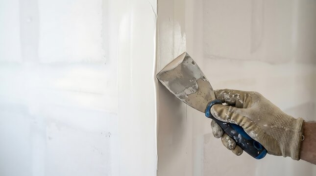A gloved hand applies paint to a wall corner with a putty knife.