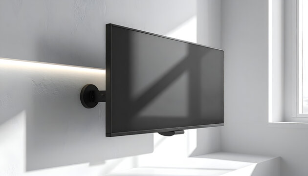 Modern flat screen television mounted on a white wall with integrated LED lighting and window light