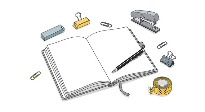 Overhead view of open notebook with pen stapler tape and binder clips on white background