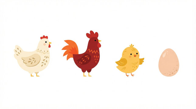 Cute flat vector chicken family collection with colorful hen rooster baby chick and farm egg illustrations for kids