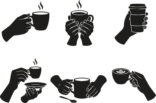 Hand Gestures Holding Coffee Mugs Vector Icons