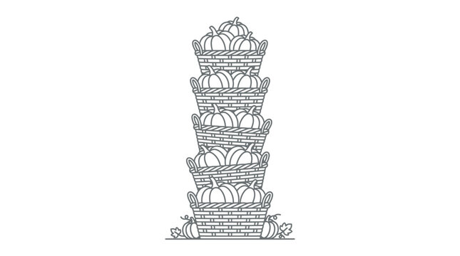 A stack of five woven baskets filled with round pumpkins for a harvest theme.